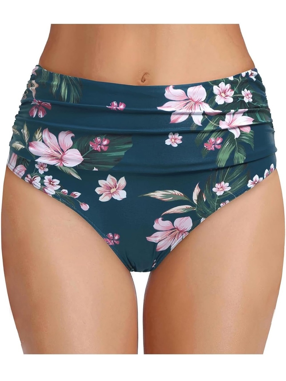 Blue Flower High Waisted Bikini Bottom Tummy Control Ruched XS. 1794/12-1